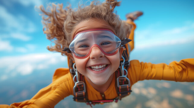 A young child experiences the thrill of skydiving, with a wide smile and arms outstretched against a backdrop of the earth below.