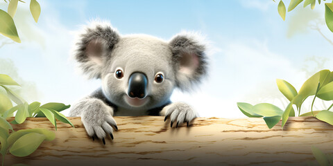 Capturing Pure Bliss: The Charismatic World of a Cartoon Koala, Radiating Joy with Wide-Open Eyes and Fluffy Charm - obrazy, fototapety, plakaty