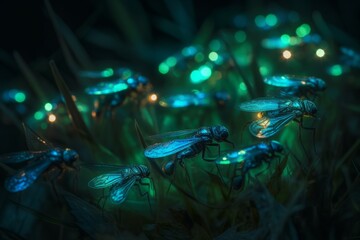 Holographic fireflies glowing. Beautiful and extraordinary insects with wings. Generate AI