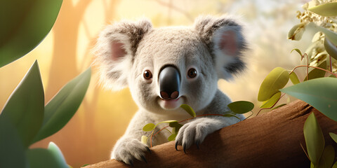 Enchanting Wilderness: A Vibrant Illustration Showcasing the Adorable and Happy Koala with Expressive Eyes - obrazy, fototapety, plakaty