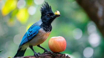 Plush-crested Jay Cyanocorax chrysops with apple