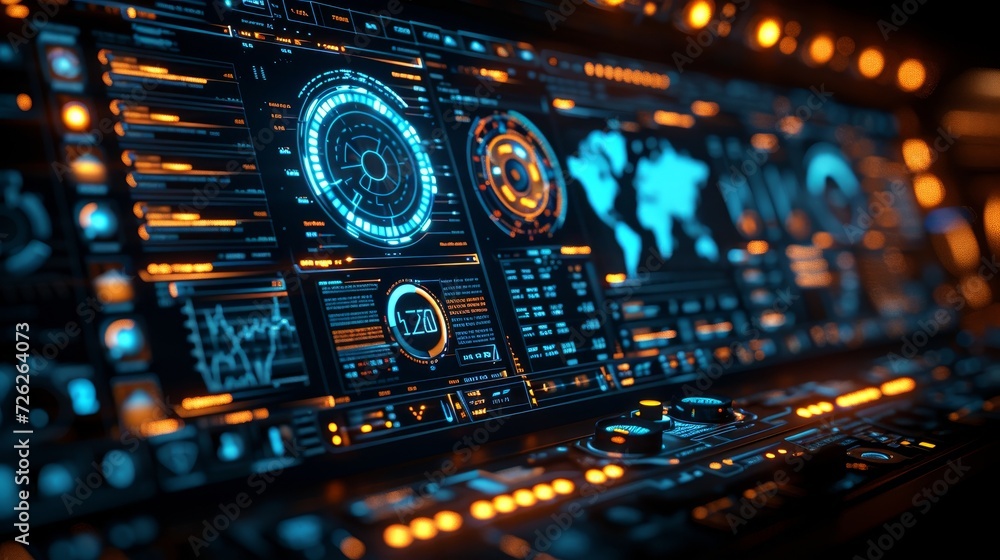 Poster An electronic head-up display with a futuristic user interface featuring 3D global world maps and business data charts. An electronic dashboard panel with circular diagrams, blue holograms, and a