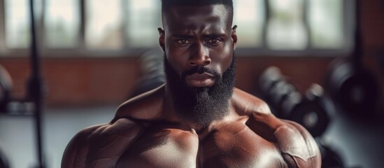 Fit and attractive black man with a hidden face, dedicated to fitness, lifting weights and showing off muscular physique with a stylish beard. - Powered by Adobe