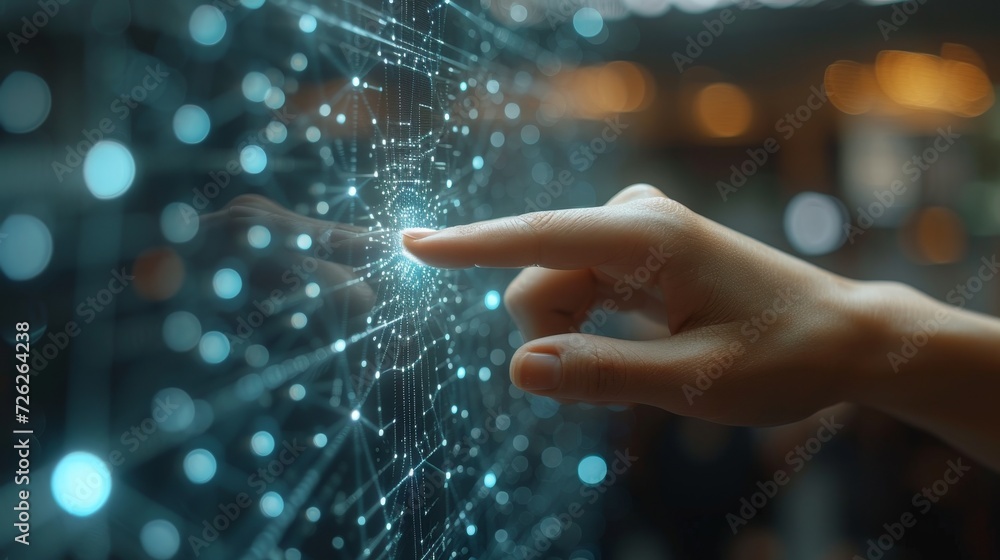 Poster A digital neural network. Business woman's hand touching an artificial intelligence introduction. Cyberspace of the future. Science and innovation in technology.