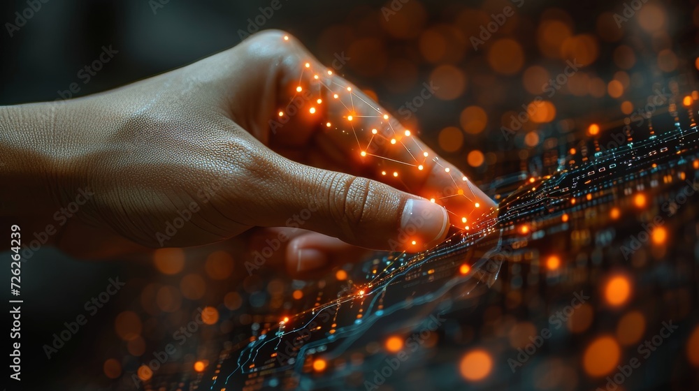 Poster in the future, we will have big data. a digital neural network. a hand touched by a businesswoman. a