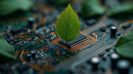 An ESG concept inside a computer circuit board. Growth. Managing environmental, business, and technology growth together.