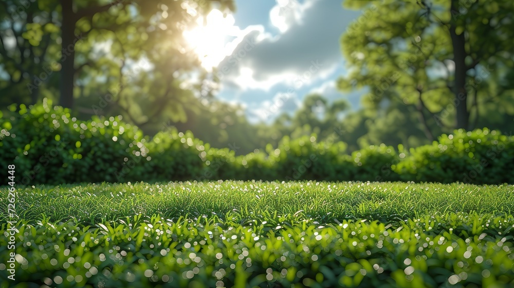 Poster a blurred image of spring nature with a neatly trimmed lawn surrounded by trees against a blue sky w