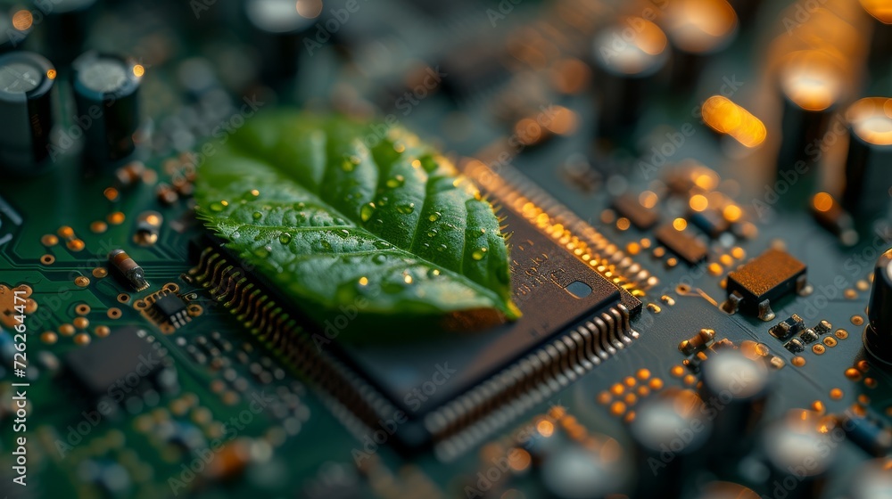 Leinwandbilder The green leaf on a computer circuit board converging with digital convergence and technological convergence. Green Computing, Green Technology, Green IT, and IT ethics.
