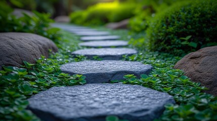 This is a detail of a botanical garden path with grass growing between the stones.