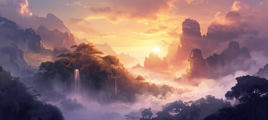 Enchanting anime-style landscape with a sunrise illuminating towering cliffs, waterfalls, and misty forests in a dreamlike panorama, radiating tranquility.