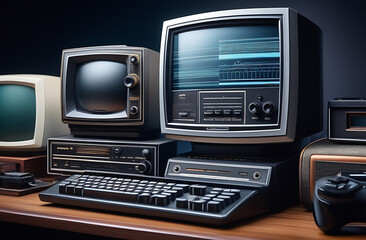 Evolution of technology with juxtaposes vintage computing equipment with modern devices, highlighting the progression and innovation in the field of information technology 