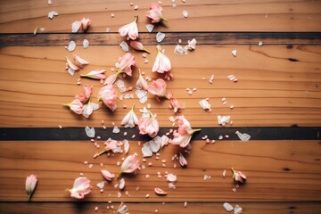 cherry blossom petals scattered on a wooden table