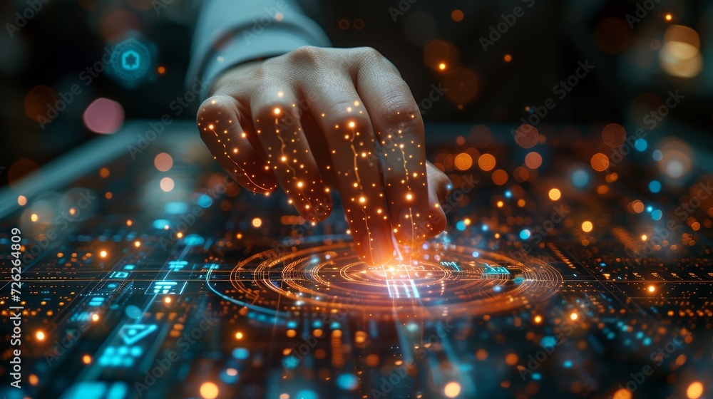 Poster An experienced businessman hands on digital data network transformation in cyberspace, internet networks, digital software development, algorithms, metaverses, and data sciences.