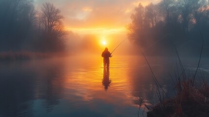 Fisherman with rod, spinning reel on the river bank. Sunrise. Fishing for pike, perch, carp. Fog against the backdrop of lake. background