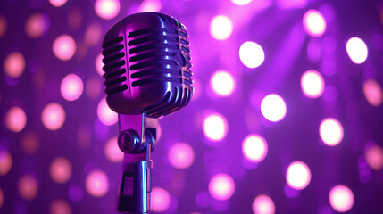 Fototapeta na wymiar Retro microphone on purple disco background