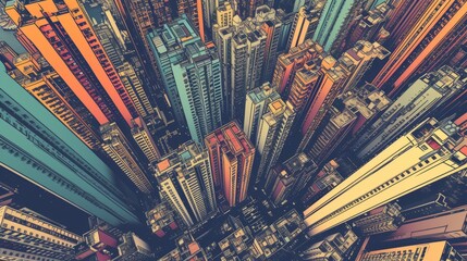 hong kong cityscape Office building top view background in retro style colors
