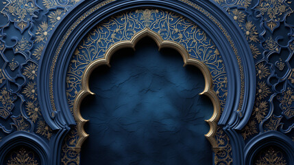 Beautiful Islamic wallpaper background, arabic arch frame in blue & emerald scheme, for ramadan, eid greetings