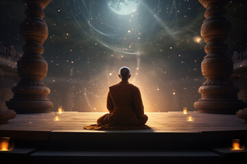 Ethereal Enlightenment: Monk Meditating Amidst Cosmic Energies in Ancient Temple
