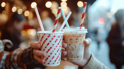 Cafe customers drinking a beverage with paper straws
