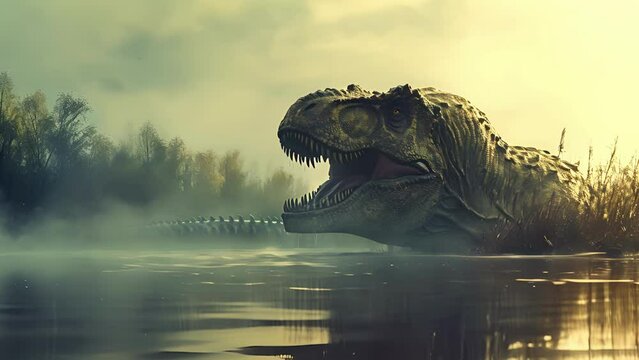 A fearsome tyrannosaurus rex taking a break from its carnivorous ways enjoying a refreshing dip in the cool river.