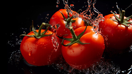 Close-up of fresh red tomato in water, black background