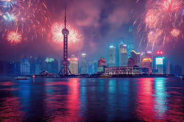 Beautiful night Shanghai cityscape with fireworks and light from modern city skyscrapers in river