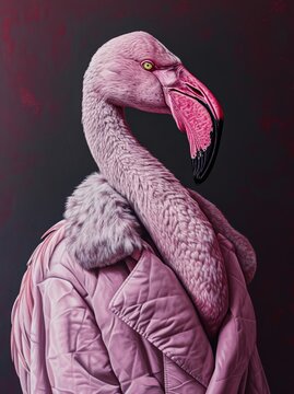 A fashionable pink flamingo struts along the water's edge, donning a sleek coat that turns heads and exudes confidence