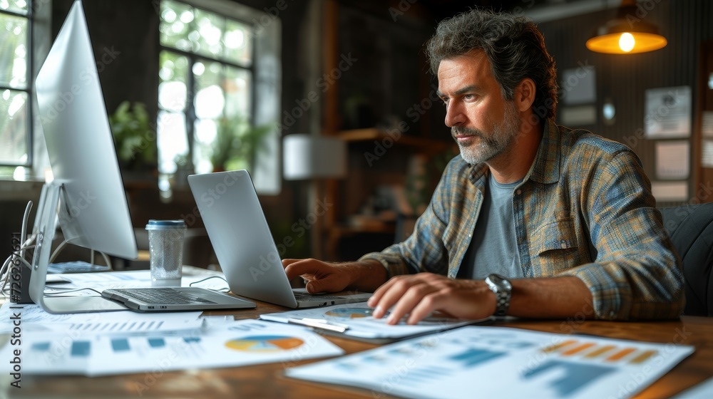 Poster Enterprise resource planning concept - businessman using computer for document management.