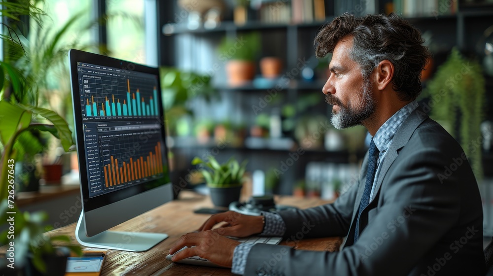 Poster concept of enterprise resource planning illustrated by a businessman using a computer.