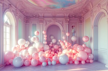A whimsical wall of pink and white balloons illuminates the indoor space, creating a dreamy atmosphere of celebration and joy
