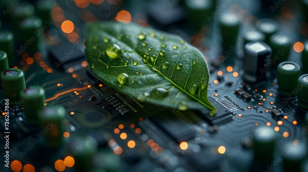 Poster an image of a green leaf on a converging circuit board. concept of green computing, green technology