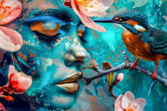An ethereal painting of a woman's face adorned with delicate flowers and a serene bird, capturing the beauty of nature and femininity in one stunning piece of art