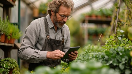 On a rural farm, a serious man, gardener or greenhouse environmental scientist checks sustainable farming growth, progress, or prepares an export order on their digital tablet. - obrazy, fototapety, plakaty