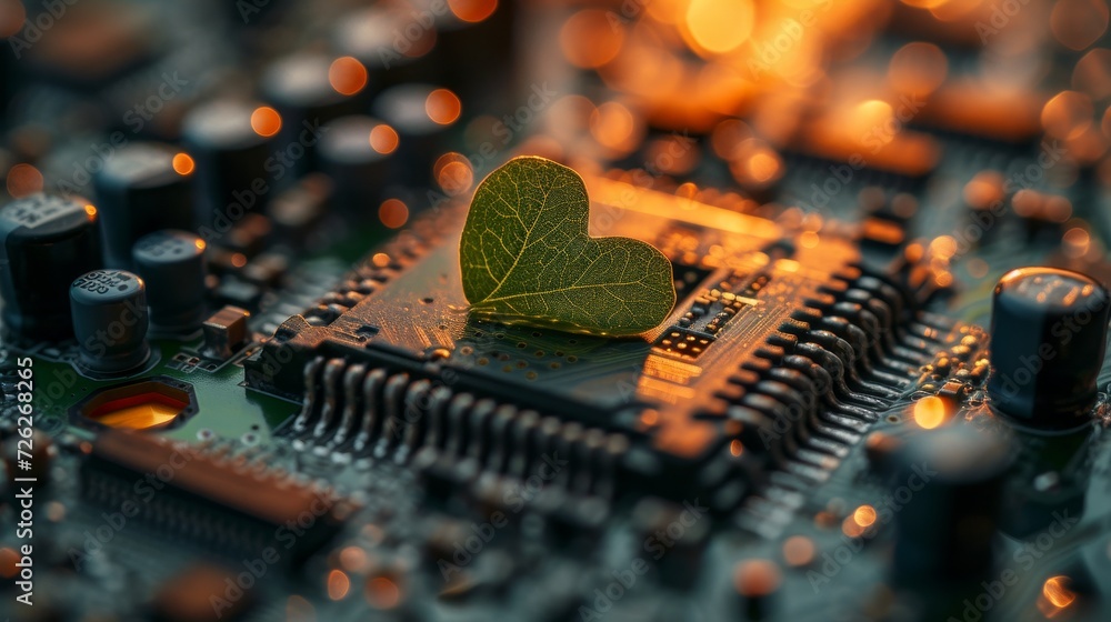 Leinwandbilder an image of a green leaf with a heart shape on a computer circuit board / green computing / climate 