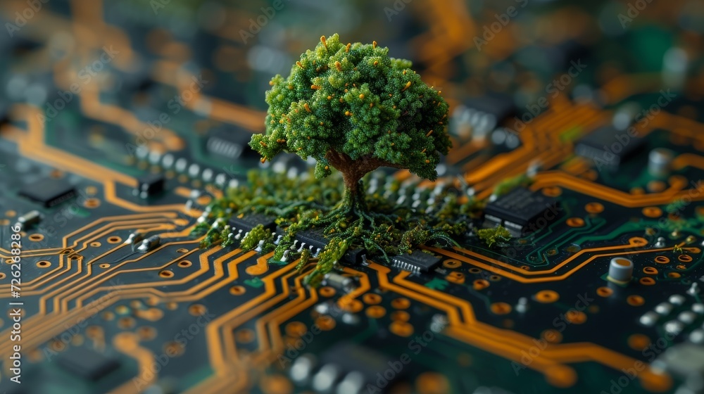 Leinwandbilder tree growing on a computer circuit board, green computing, computer security, and it ethics.