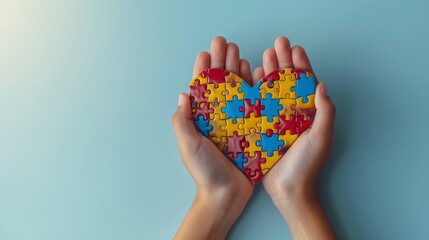 An adult and child holding puzzle hearts on a light blue background. World autism awareness day concept. - Powered by Adobe