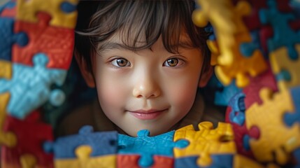 The Autism Awareness Day concept, ASD, Syndrome, Symptoms, Copy space of a little cute Asian child covered in colorful puzzle pieces.