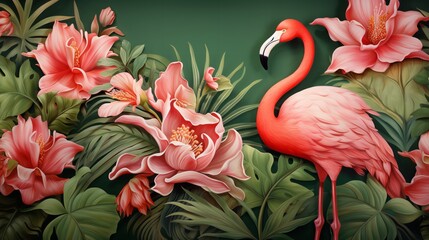 Illustration of Tropical Wallpaper Design with Exotic Flora

