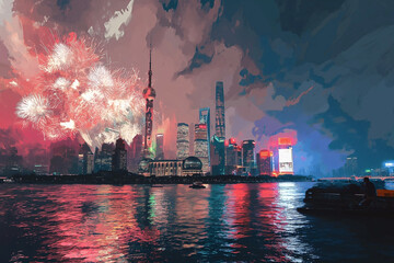 Obraz premium Beautiful night Shanghai cityscape with fireworks and light from modern city skyscrapers in river
