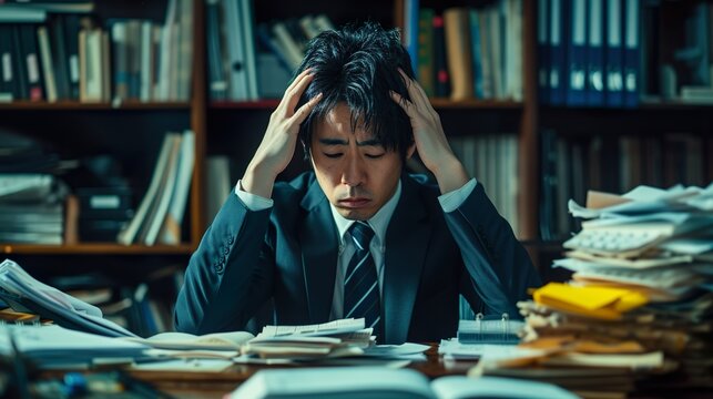 ブラック企業〜書類の山に悩む男性01