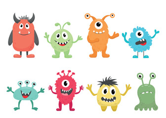 Set of cute colored monsters isolated on white background. Character design for kids. Vector illustration.