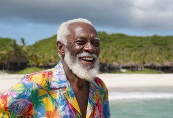 Portrait of a happy elderly african american man at a tropical beach