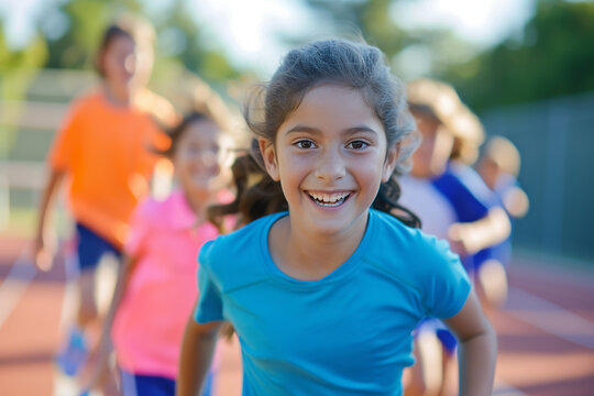 Children doing sports, a girl dressed in blue is happy running, running children 