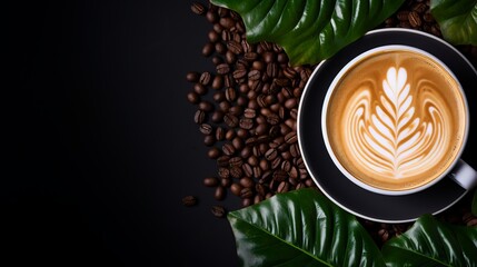 Cappuccino coffee cup with beans and leaves on black background coffee day banner mockup - obrazy, fototapety, plakaty