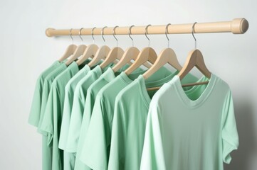 Obraz premium Light green shirts hanging on rack. Casual pastel verdant cotton clothes on hangers. Generate ai
