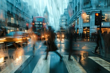 Amidst the bustling city lights and pouring rain, a blur of people make their way through the wet streets, their reflections dancing in the buildings' illuminated windows