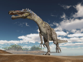 Dinosaurier Suchomimus am Strand - obrazy, fototapety, plakaty