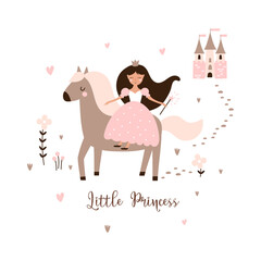 Greeting card with Little princess girl on horse. Vector illustration.