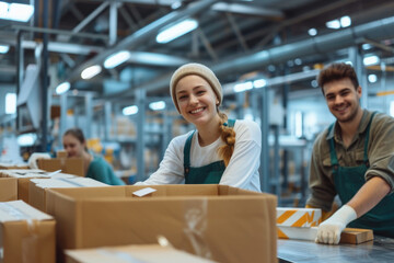 Smiling young workers packaging products at a factory