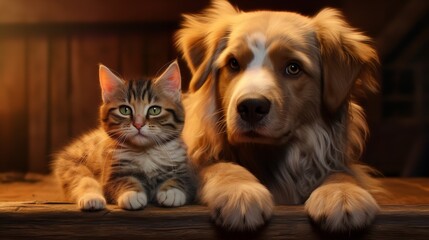Mixed Breed Dog and Cat Friends Portrait - Adorable Duo

